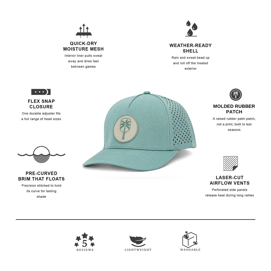 The Seafoam Performance Pickleball Hat, features: molded rubber palm patch, pre-curved brim, laser-cut airflow vents, quick-dry mesh | The Pickled Palm