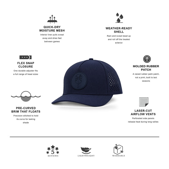 Harbor Navy Performance Pickleball Hat - Navy, features: molded rubber palm patch, pre-curved brim, laser-cut airflow vents, quick-dry mesh | The Pickled Palm