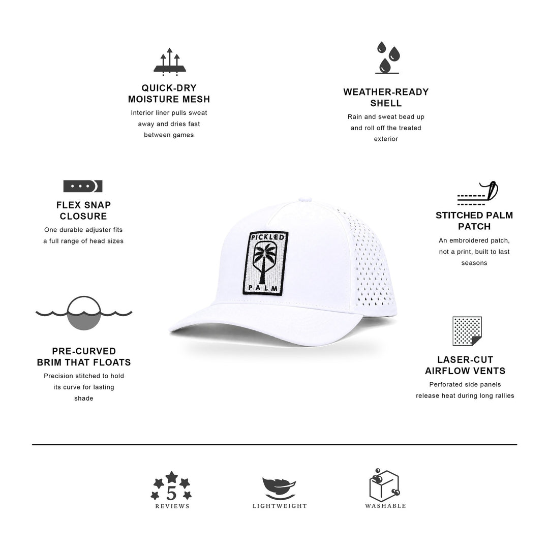 The Whitecap Performance Pickleball Hat - White, features: stitched palm patch, laser-cut airflow vents, quick-dry mesh | The Pickled Palm