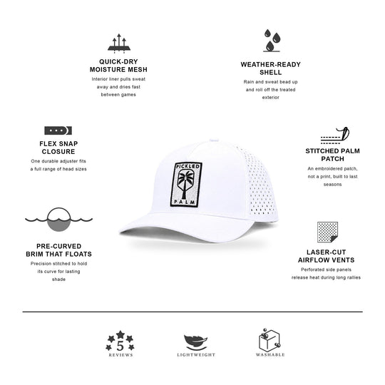 The Whitecap Performance Pickleball Hat - White, features: stitched palm patch, laser-cut airflow vents, quick-dry mesh | The Pickled Palm