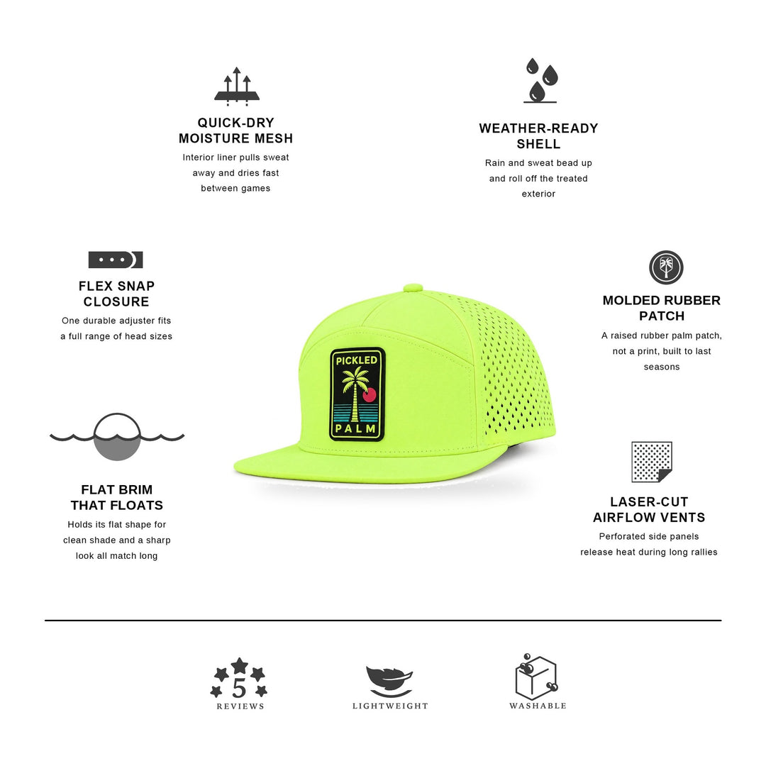 The Sandbar Performance Pickleball & Tennis Hat - Neon Green, features: molded rubber palm patch, flat brim, laser-cut airflow vents, quick-dry mesh | The Pickled Palm