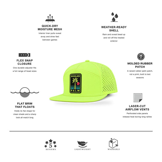 The Sandbar Performance Pickleball & Tennis Hat - Neon Green, features: molded rubber palm patch, flat brim, laser-cut airflow vents, quick-dry mesh | The Pickled Palm