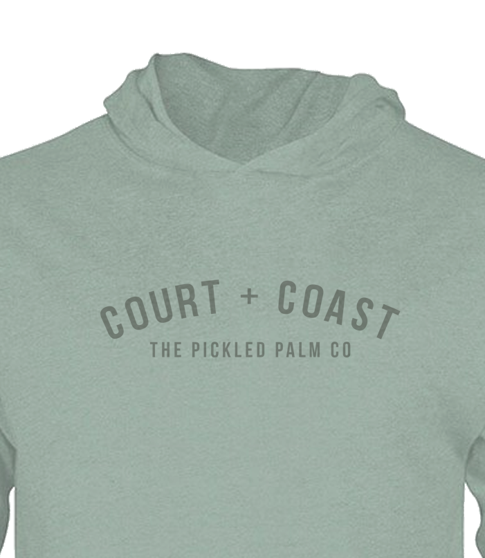 Light green hoodie with 'Court + Coast' text on a white background