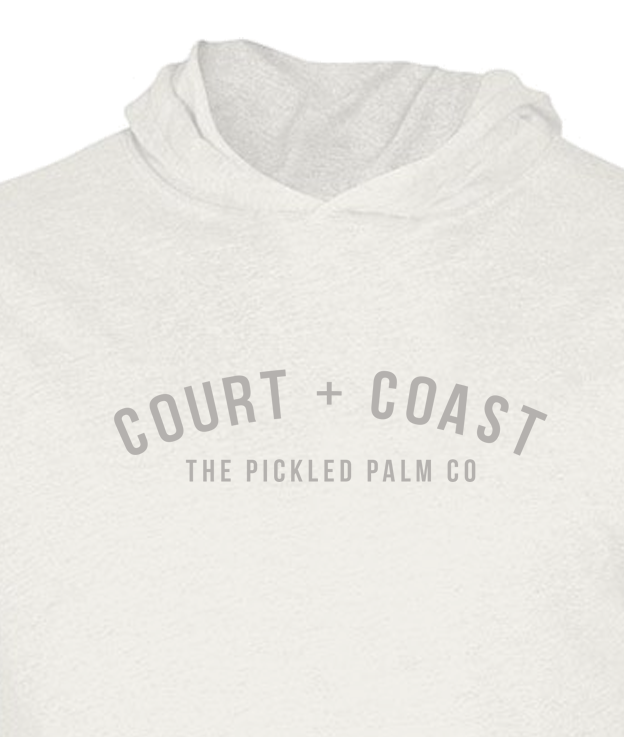 White hoodie with 'Court + Coast' logo on a white background