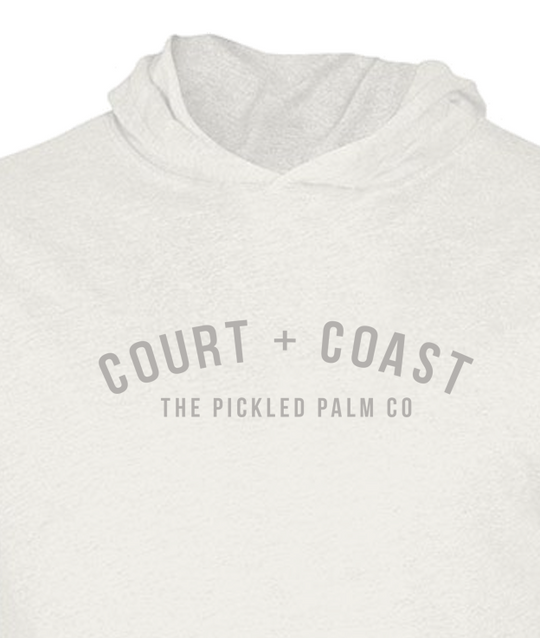 White hoodie with 'Court + Coast' logo on a white background