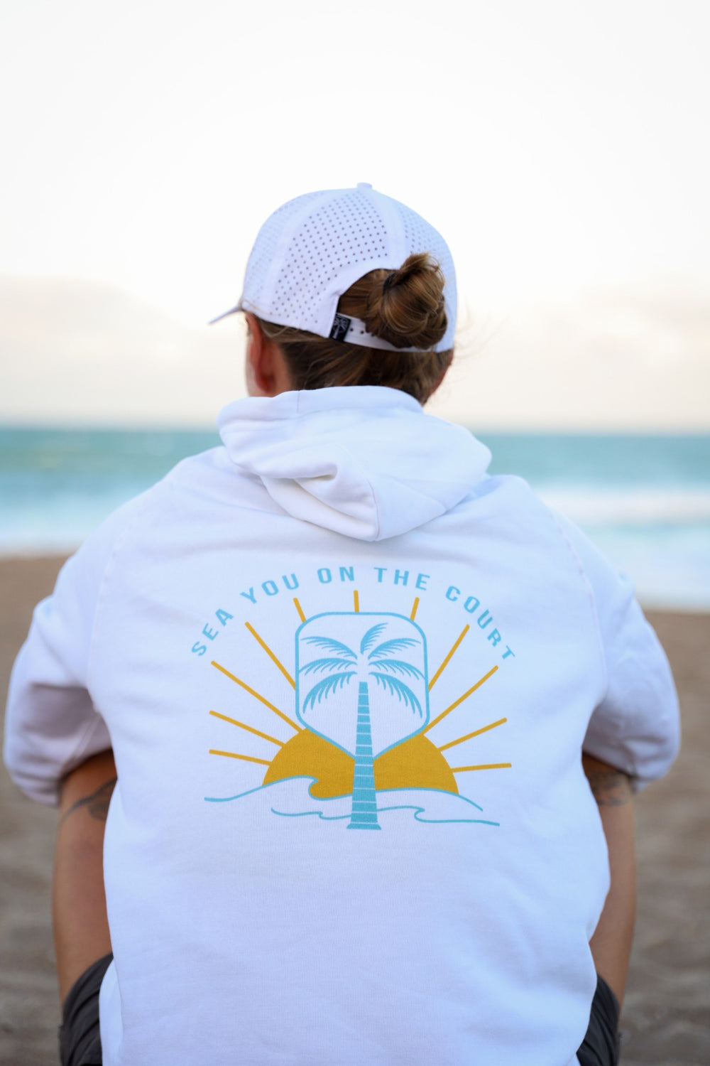 Court Side White Pickleball Hoodie, Sea You On The Court back print | The Pickled Palm