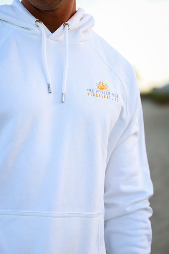 Court Side White Pickleball Hoodie, embroidered chest logo close-up | The Pickled Palm