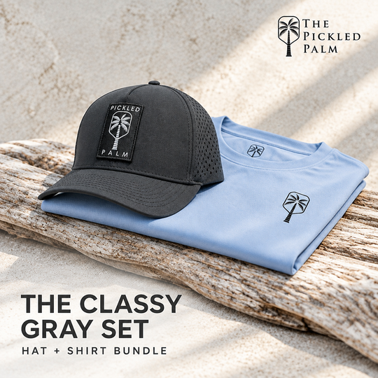 Classy Gray Hat + Sky Blue Shirt Bundle on driftwood | The Pickled Palm