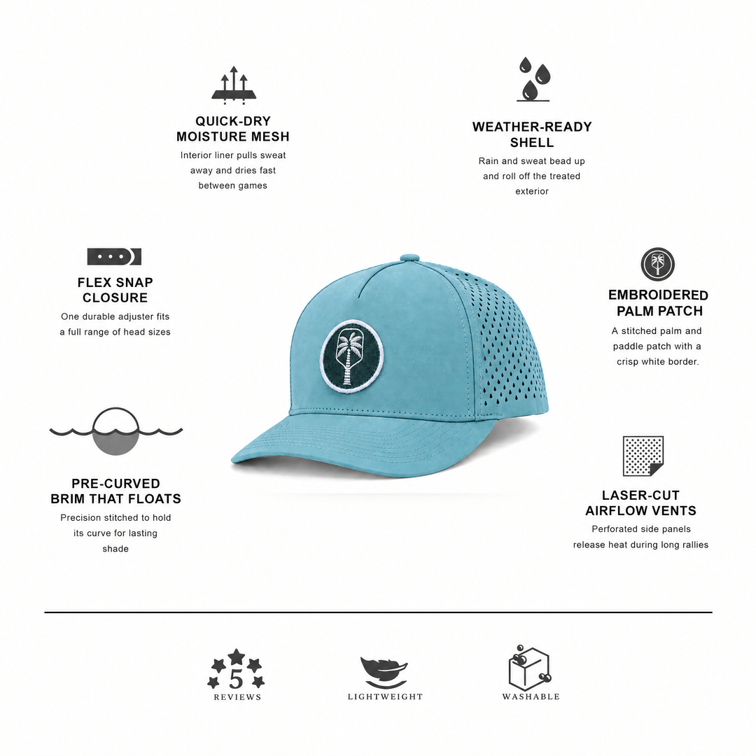 The Coastal Blue Performance Pickleball Hat, features: embroidered palm patch, pre-curved brim, laser-cut airflow vents, quick-dry mesh | The Pickled Palm