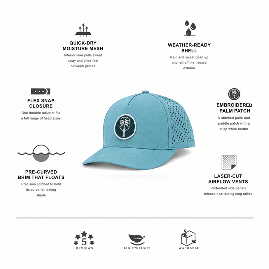 The Coastal Blue Performance Pickleball Hat, features: embroidered palm patch, pre-curved brim, laser-cut airflow vents, quick-dry mesh | The Pickled Palm